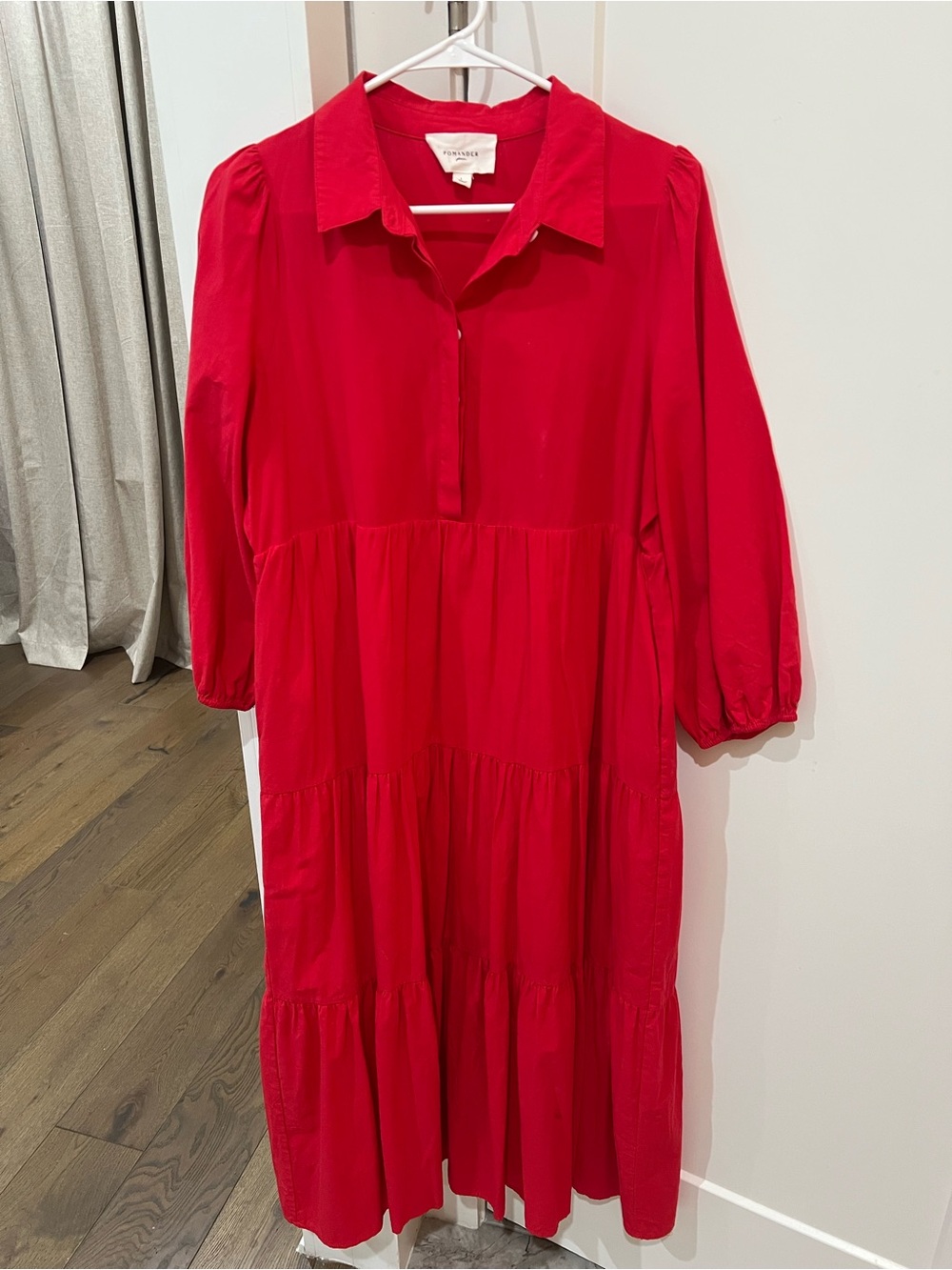Pomander Place Bold Red Collared Tiered Midi Dress